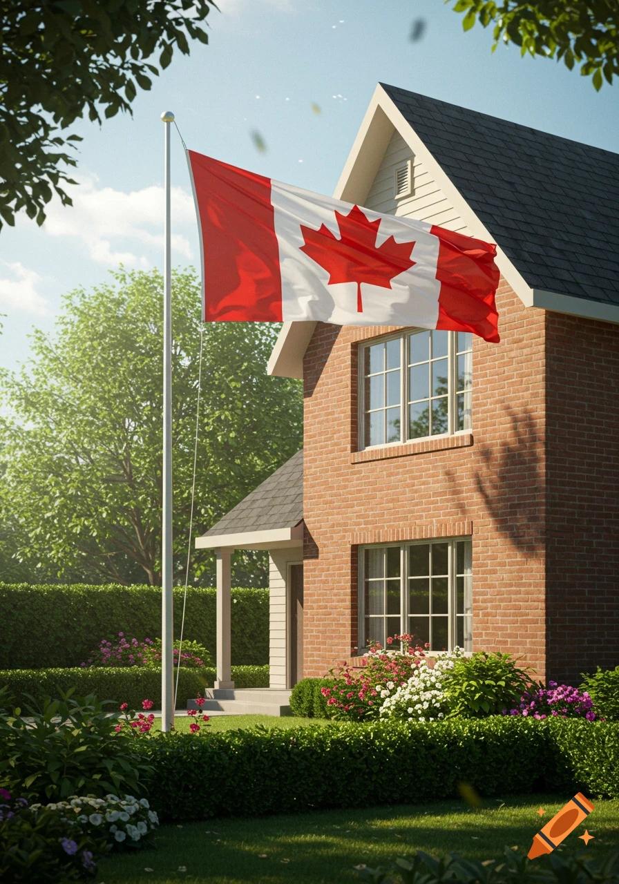 A photorealistic image of a brick house with a Canadian flag flying on a flagpole, surrounded by a green lawn and bushes.