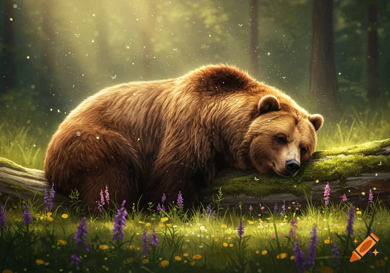 A brown bear sleeps peacefully on a mossy log in a sunlit forest filled with wildflowers.