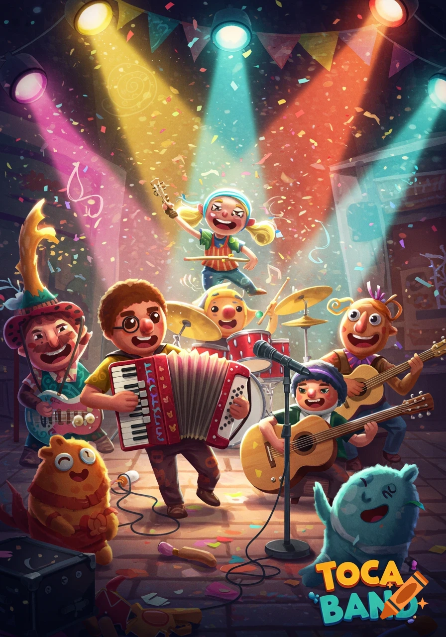 A vibrant cartoon band of cheerful characters and monsters playing instruments on a stage with spotlights and confetti. 'TOCA BAND' logo is visible.