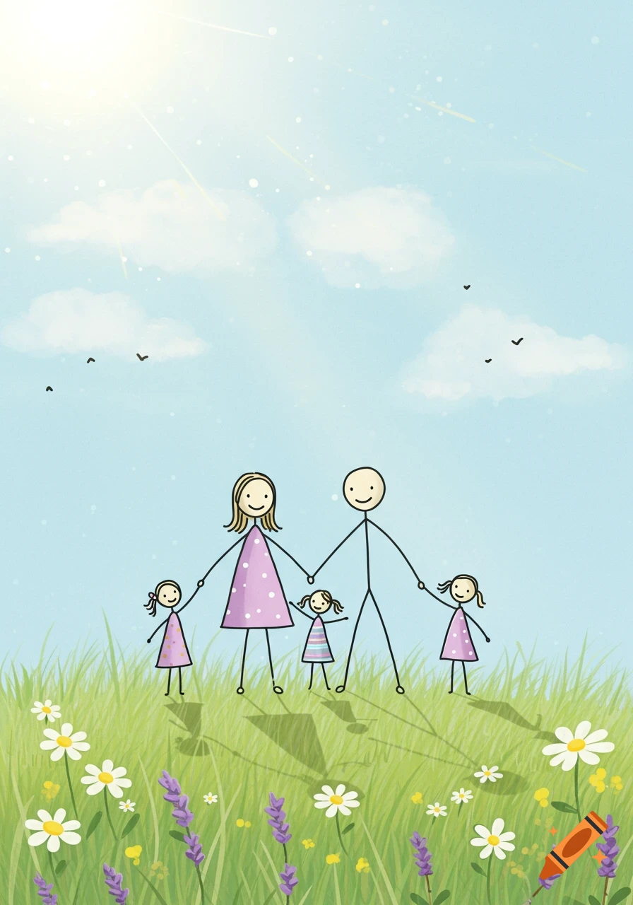 A stick figure family of a mom, dad, and three daughters holding hands in a bright green field with flowers under a blue sky.