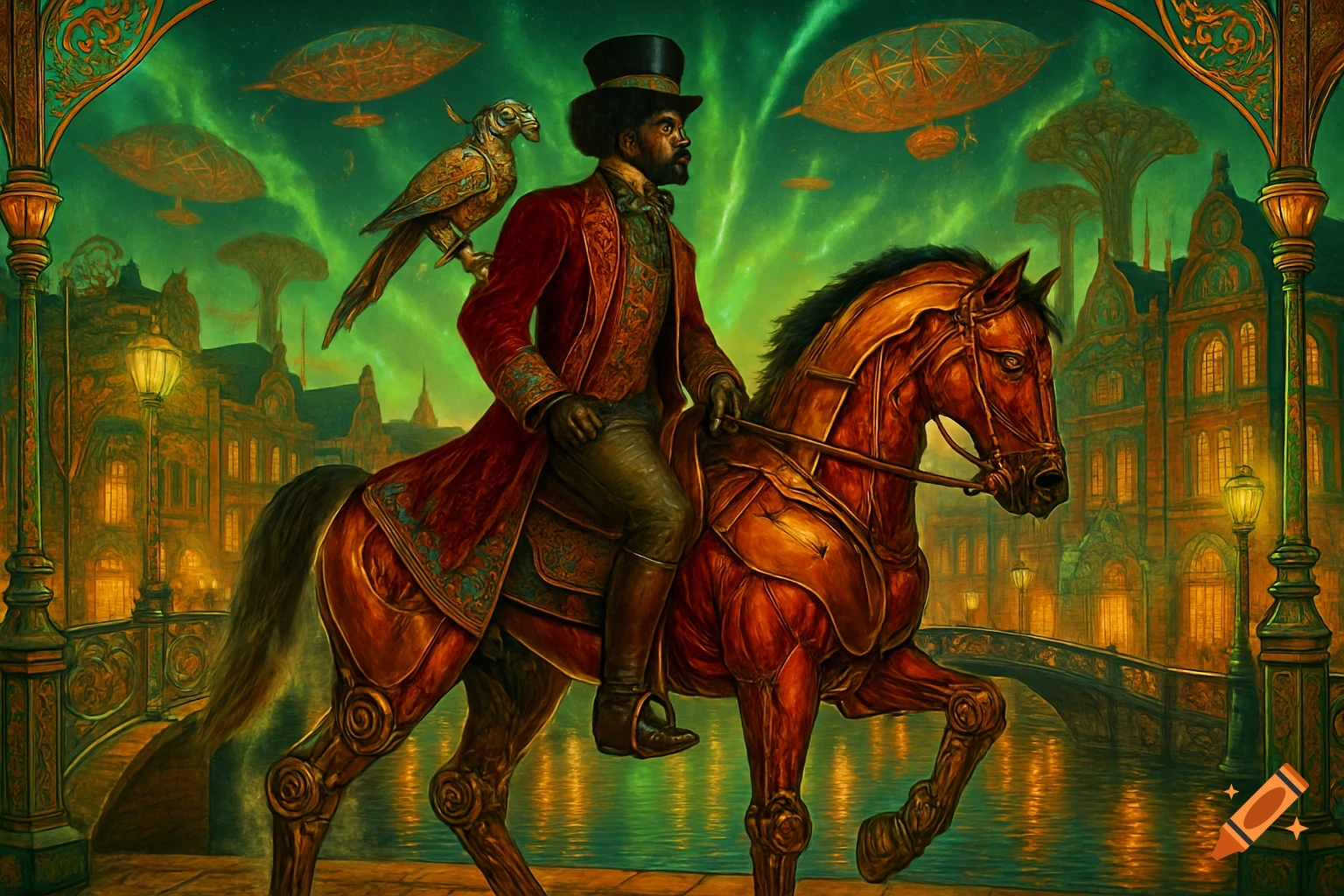 A man in a red steampunk coat on a mechanical horse, with a robotic parrot on his shoulder, riding through a vibrant, futuristic Amsterdam with glowing canals and airships in the sky.
