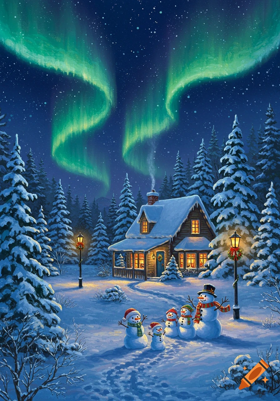 A charming Christmas illustration of a snow-covered cabin and snowmen under a vibrant green aurora borealis at night.