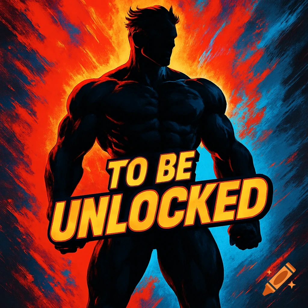A silhouetted male superhero figure stands against a red and blue brushstroke background, with the bold orange text 'TO BE UNLOCKED' across his body in a gaming style.