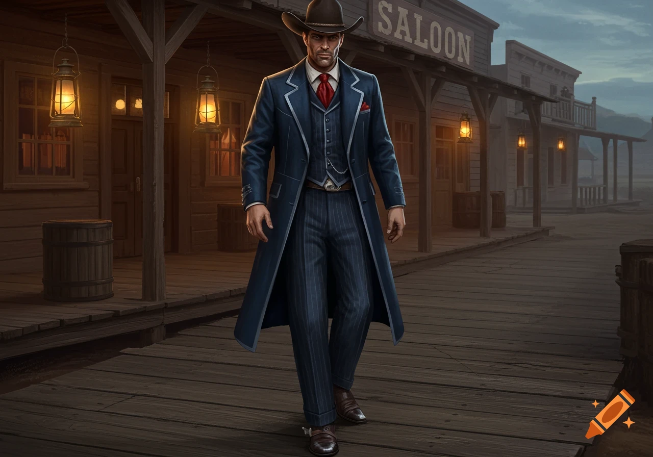 A man in a dark blue suit, vest, red tie, and cowboy hat stands on a wooden boardwalk in a western town, a saloon sign visible.