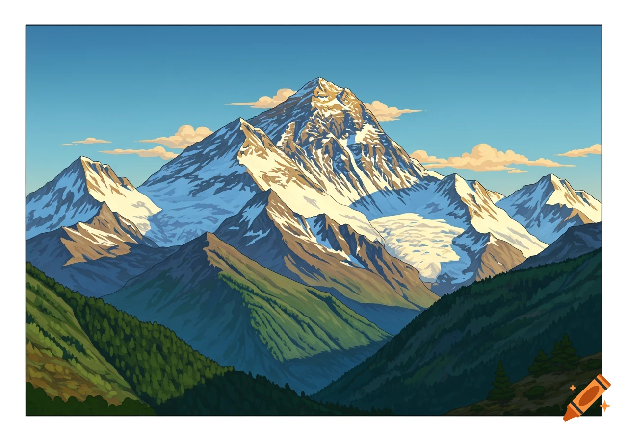 Vibrant illustration of the snow-capped Himalayan mountain range with green valleys under a blue sky.