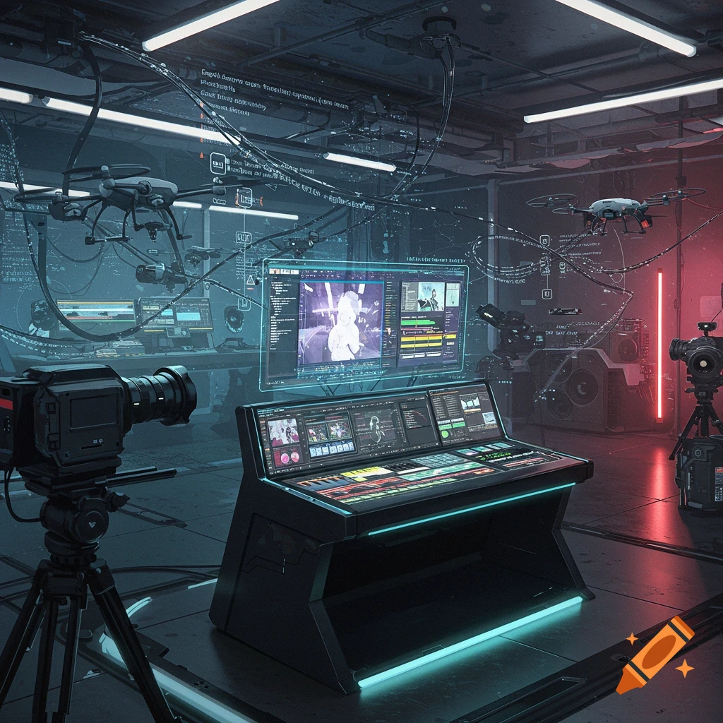 A dark, futuristic control room with multiple glowing screens displaying data, a large control panel, cameras, and drones. Red and blue neon lights illuminate the tech-filled space.