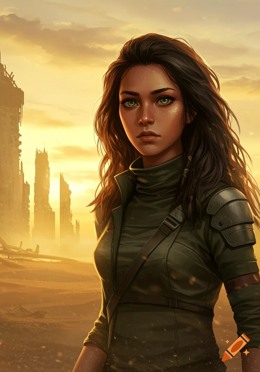 Digital illustration of a young woman with long dark hair and green eyes, wearing dystopian military gear, standing in a ruined city under a golden sky.