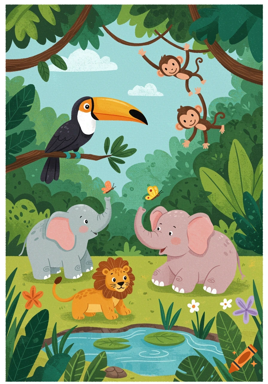 A vibrant children's illustration of jungle animals including a toucan, monkeys, elephants, and a lion, near a pond.