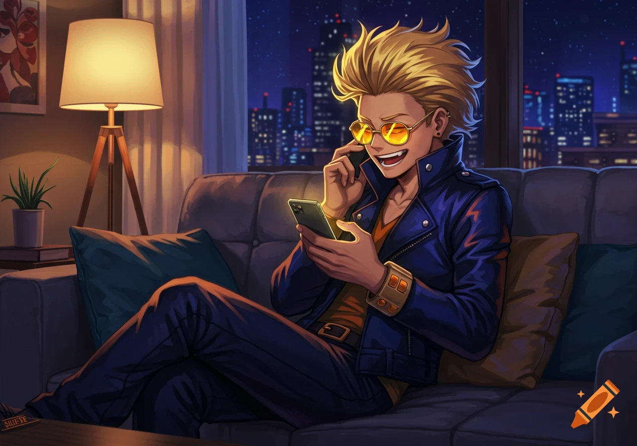 Present Mic from My Hero Academia lounges on a couch at night, looking at his phone with a cityscape visible outside the window.