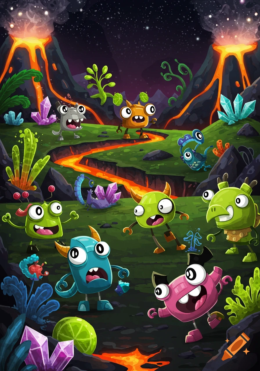 Colorful, cartoony monsters with large eyes in a vibrant alien landscape with erupting volcanoes and glowing crystals.