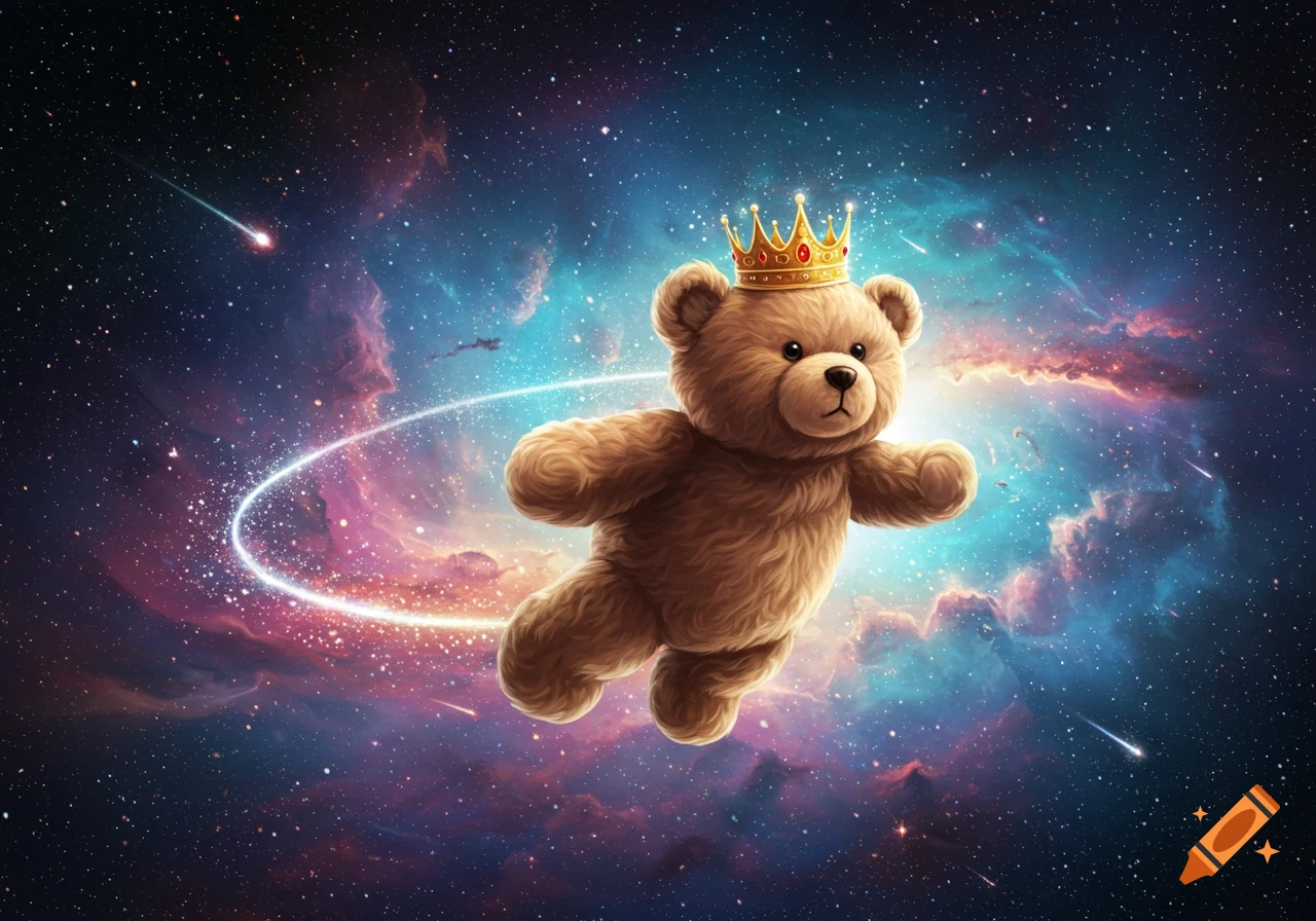 A majestic teddy bear king wearing a golden crown floats through a vibrant, star-filled galaxy with swirling nebulae.