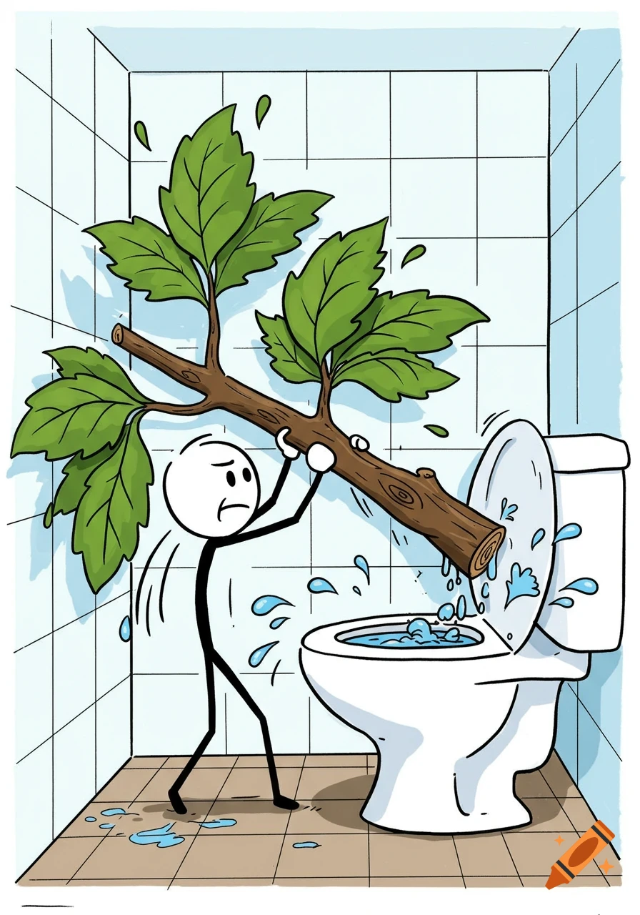 Cartoon stick figure frustratedly shoves a large tree branch into a toilet, splashing water onto the tiled bathroom floor.