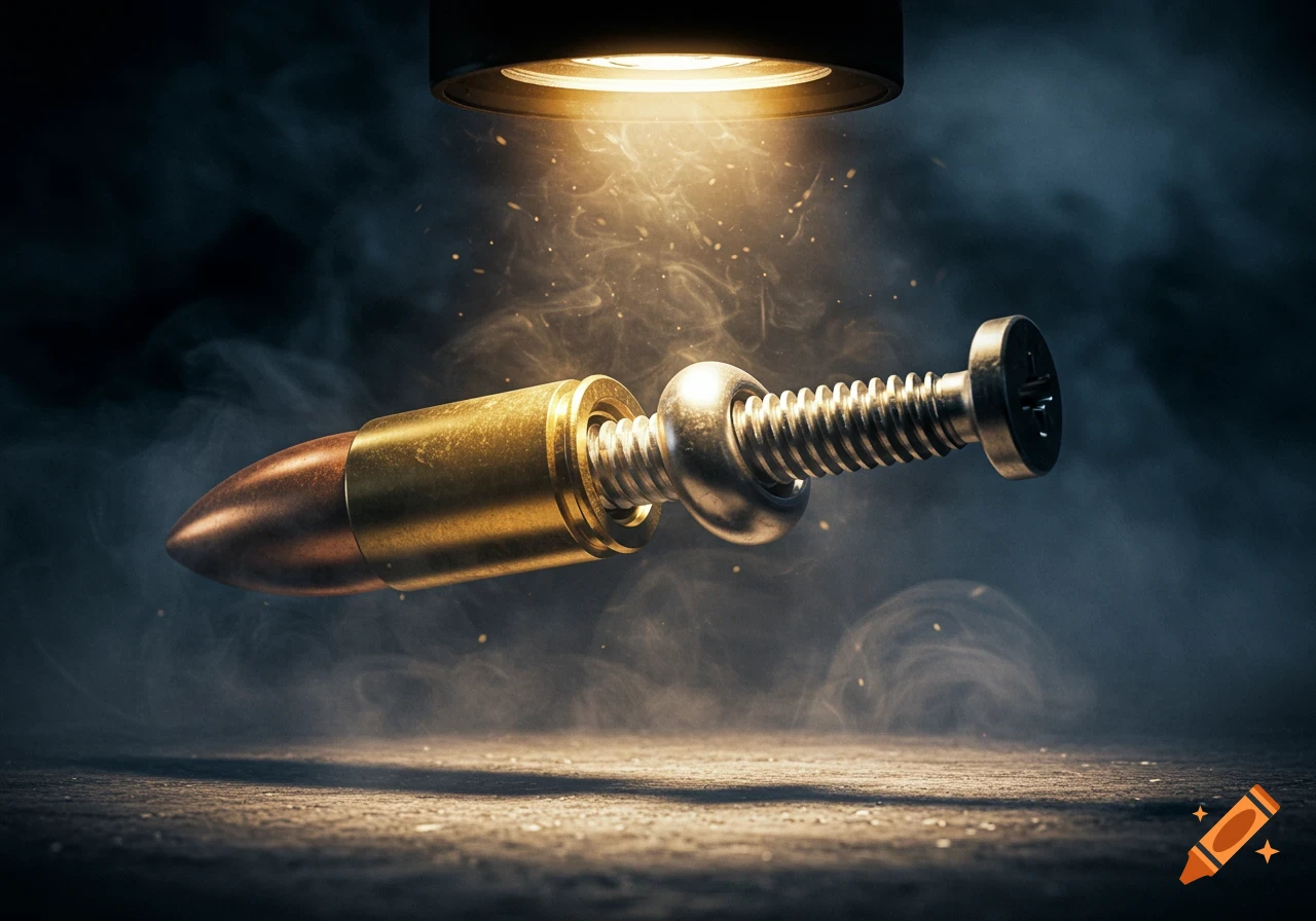 A photorealistic image of a bullet with a screw threaded through its base, dramatically lit from above with smoke and sparks.