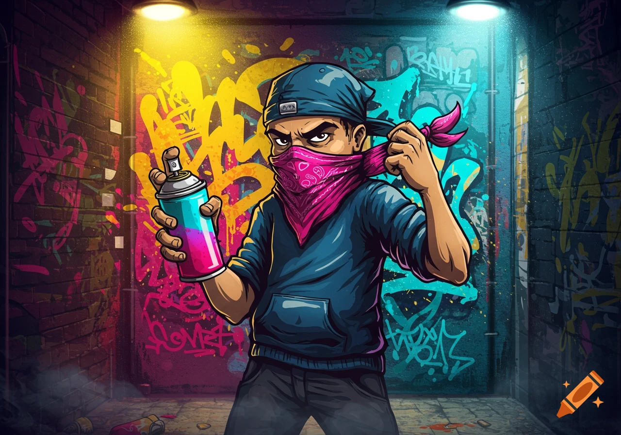 Cartoon character holding a spray can in a colorful graffiti-filled alley, wearing a backward cap and a pink bandana.