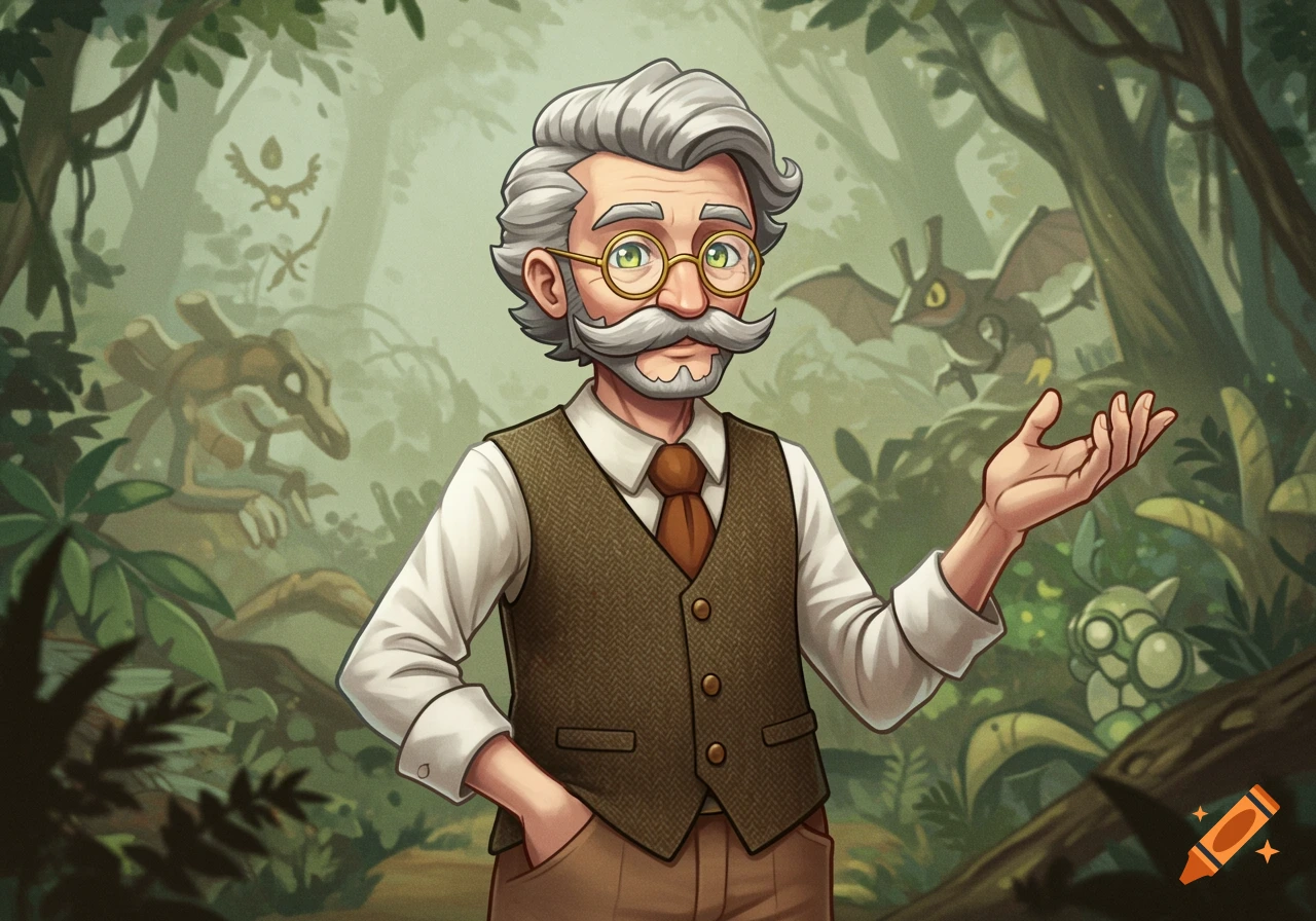 A cartoon illustration of an old male professor with glasses and a mustache, standing in a jungle with fantasy creatures.
