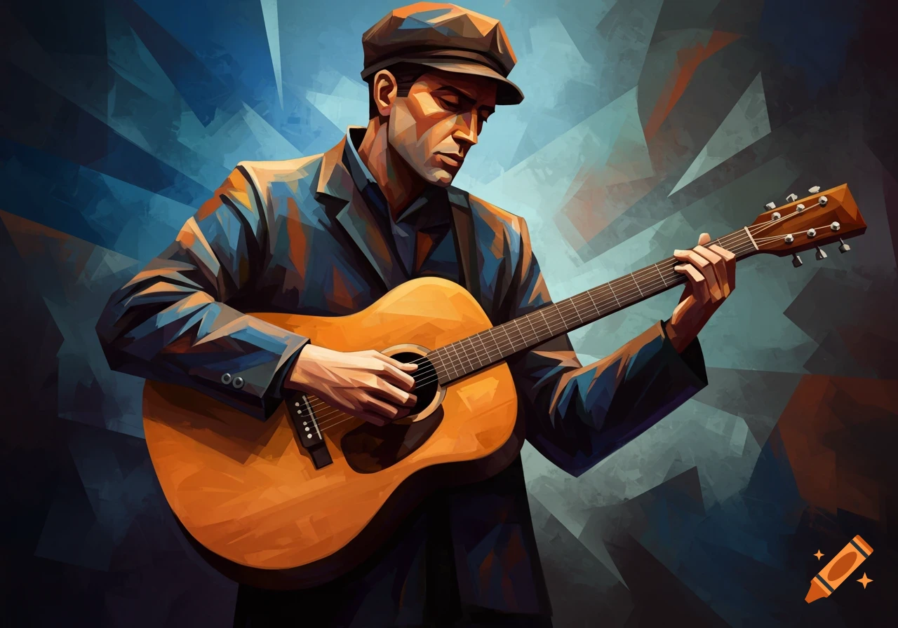 A cubist style painting of a man in a hat playing an acoustic guitar against a blue abstract background.