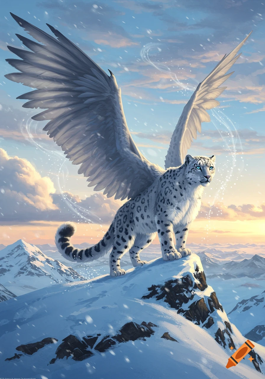 A majestic winged snow leopard with blue eyes stands atop a snowy mountain peak at sunrise, with wisps of magic around it.