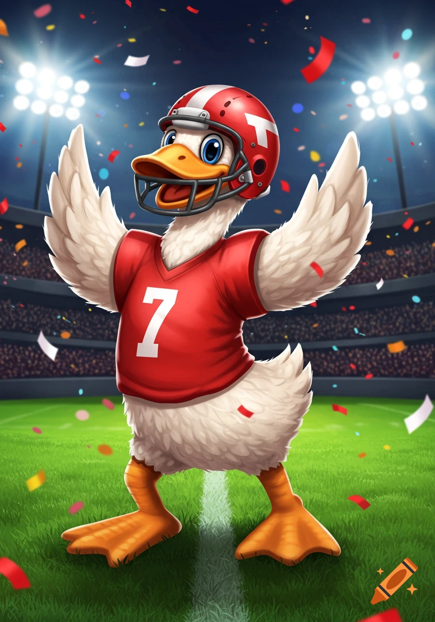 Cartoon duck mascot in a red football jersey with number 7 and a helmet, celebrating in a brightly lit stadium with confetti.