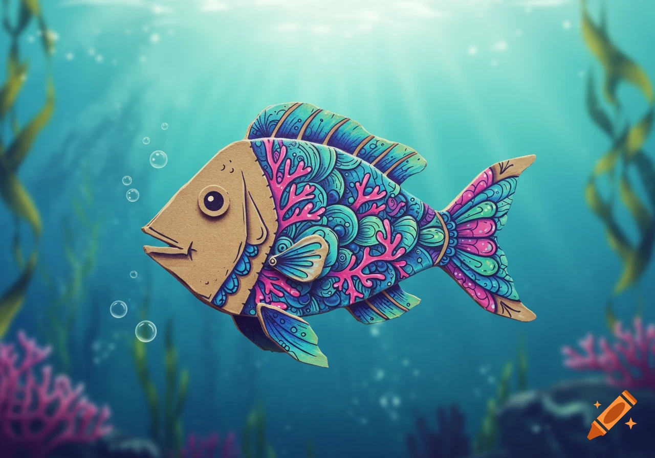 A vibrant cardboard fish with intricate coral-like patterns swims in a blue ocean, with blurred plants and light rays.