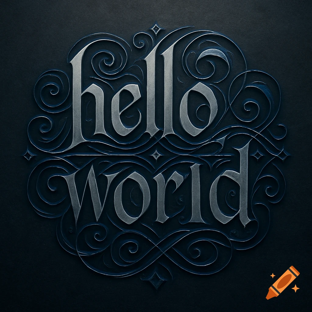 Stylized blackletter typography forming "hello world" in a circular, dark blue design with metallic silver text.