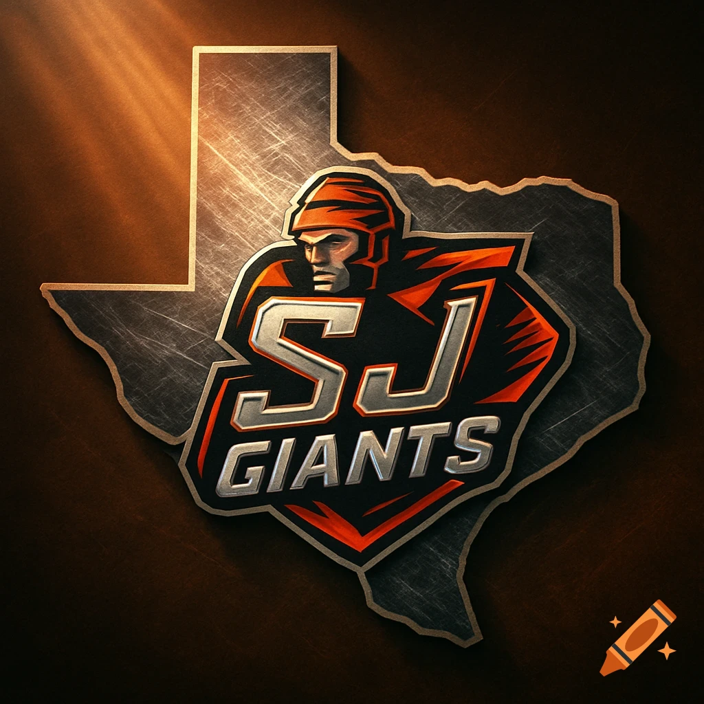 A stylized sports logo featuring a hockey player's head over the metallic outline of Texas, with 'SJ GIANTS' text.