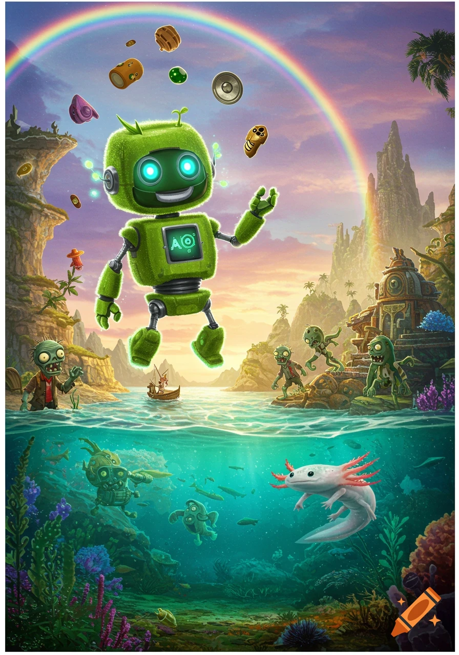 A large fuzzy green robot juggles items under a rainbow, above a scene with zombies on land and an axolotl underwater.