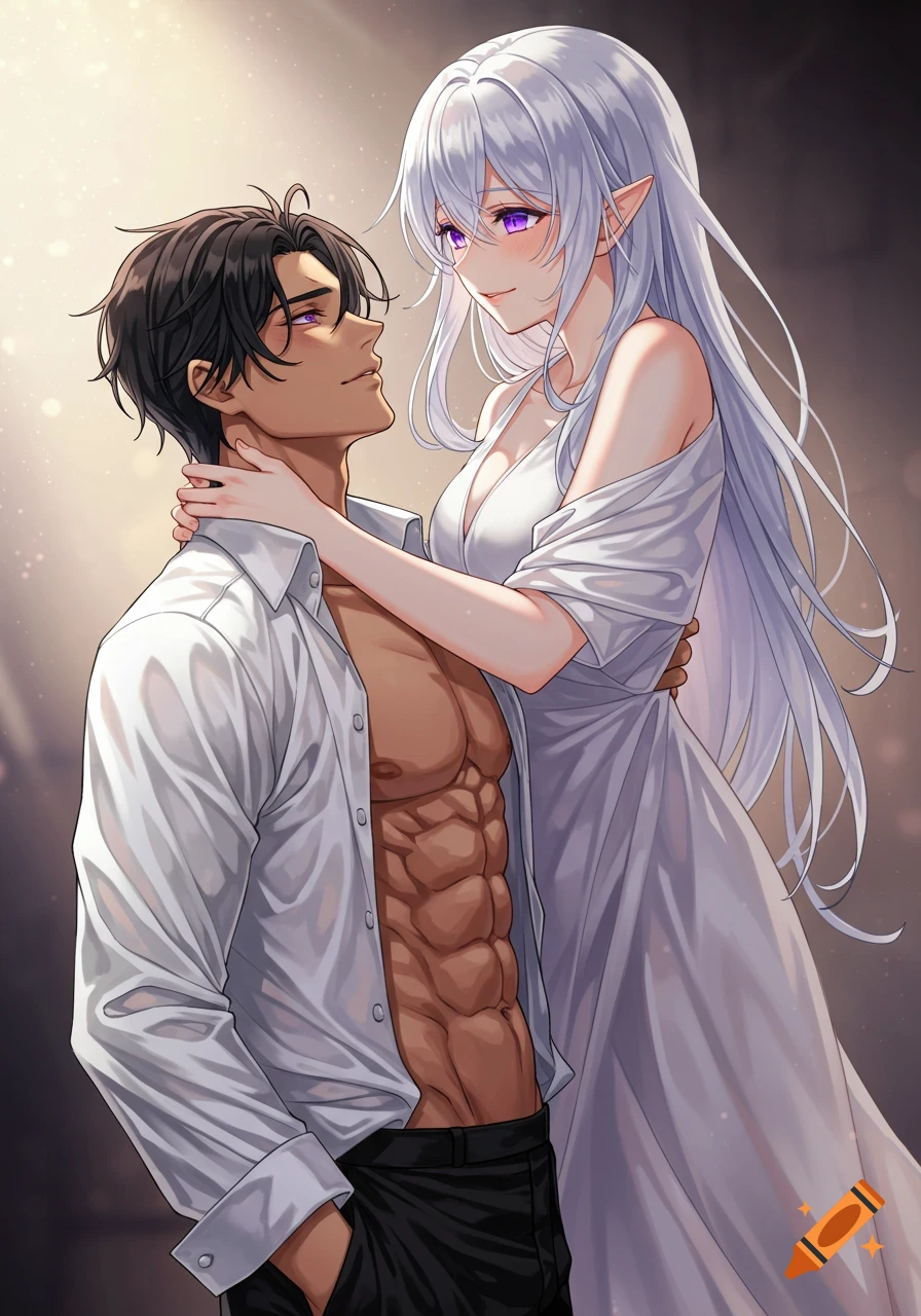 An anime man with dark hair and a muscular chest in an open white shirt looks up at an anime elf woman embracing him.