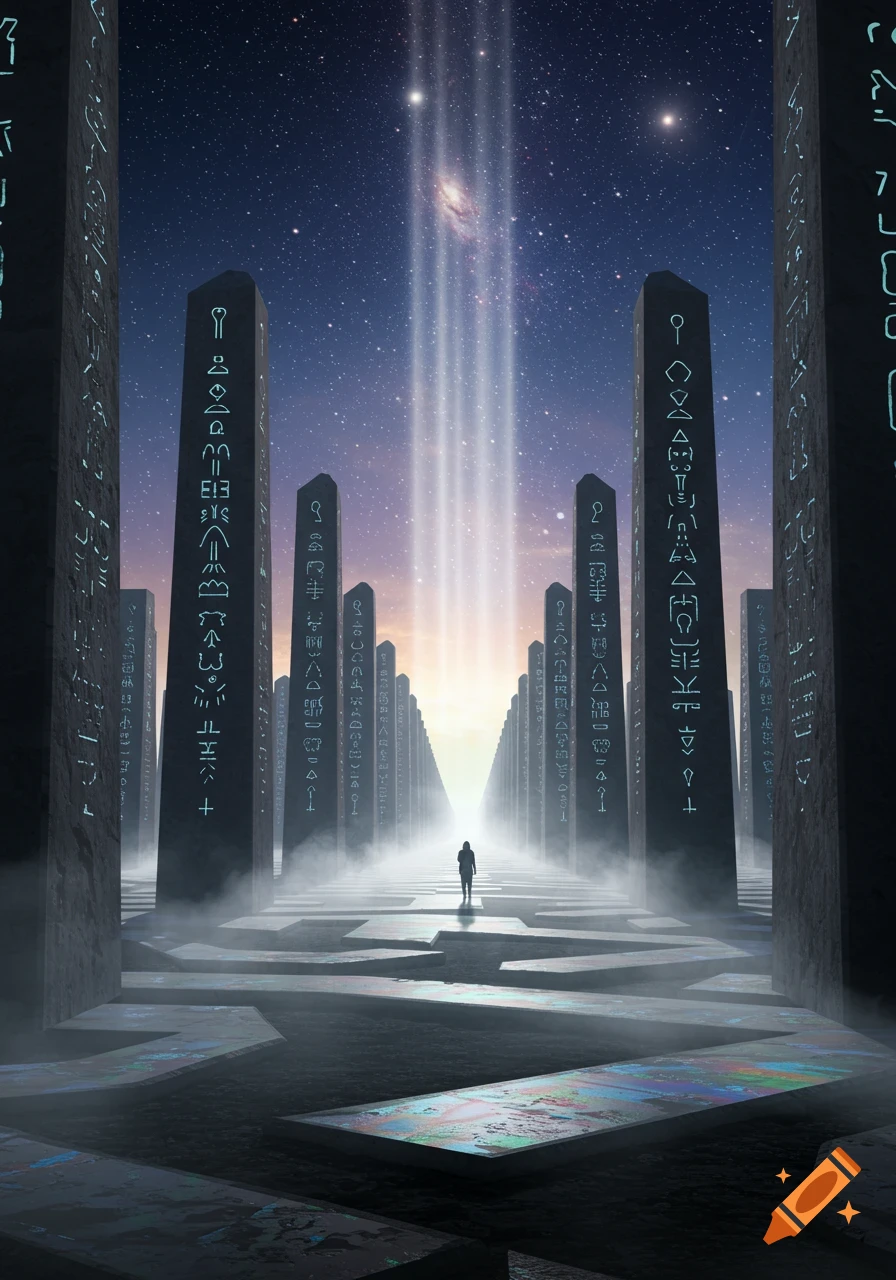 A lone figure stands in an ethereal labyrinth of glowing, towering obelisks under a starlit sky with a galaxy and bright light beams.