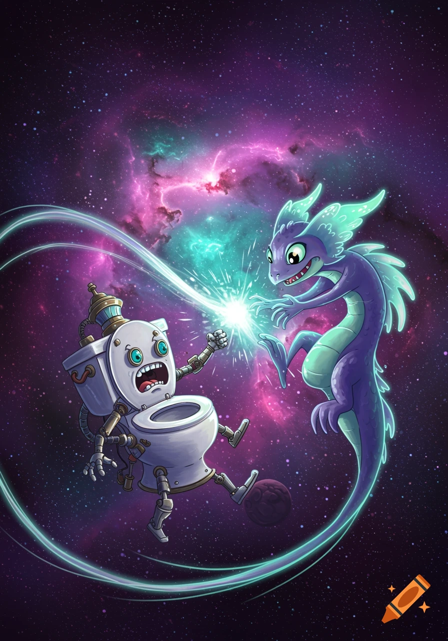 A cartoon robot toilet with a shocked expression shoots a light beam at a purple monster with glowing fins in a vibrant space scene.
