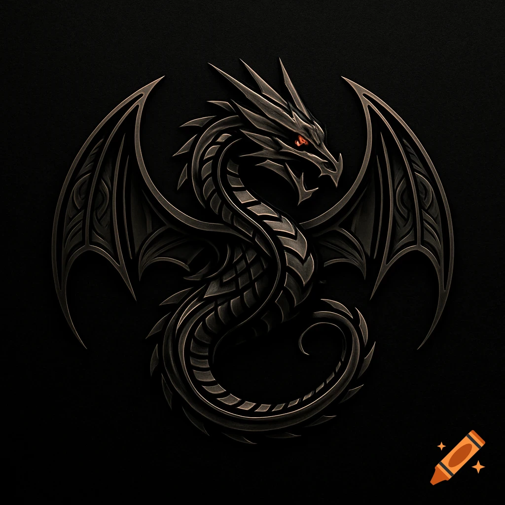 A dark metallic dragon logo with wings and glowing red eyes, set against a black background.