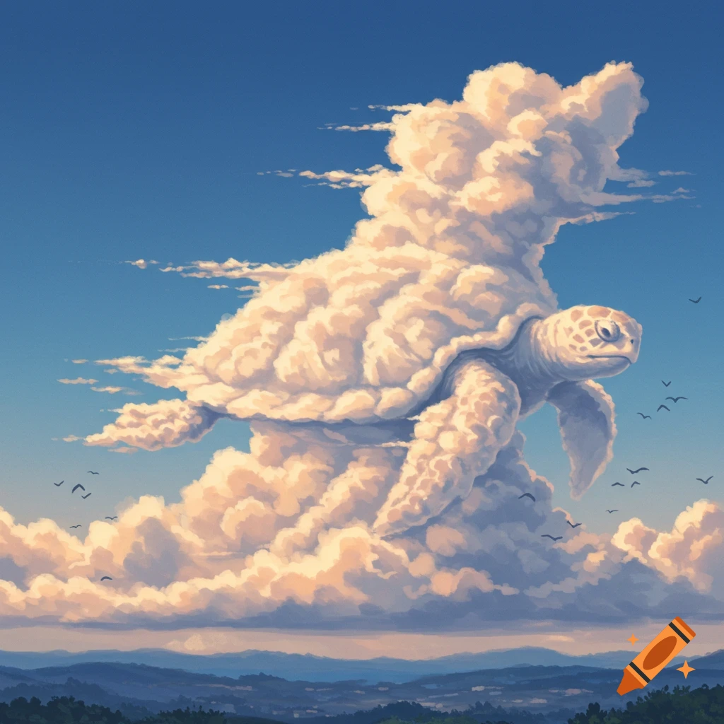 A dreamy painting of a giant turtle made of clouds floating in a blue sky over distant mountains.