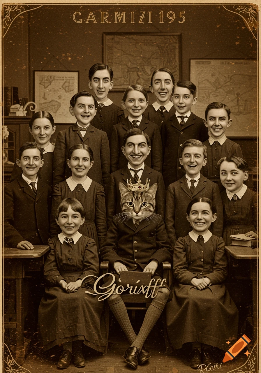 A sepia-toned vintage yearbook photo featuring children with exaggerated, 'messed up' faces and a cat wearing a crown, sitting among them.