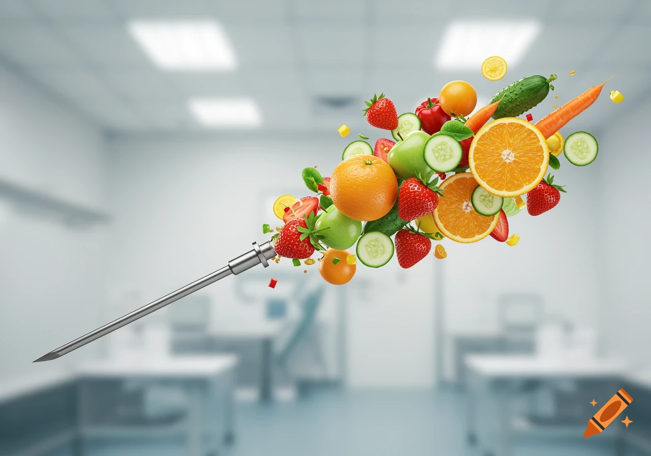 Photorealistic injection needle with colorful fruits and vegetables bursting from its tip in a medical lab setting.