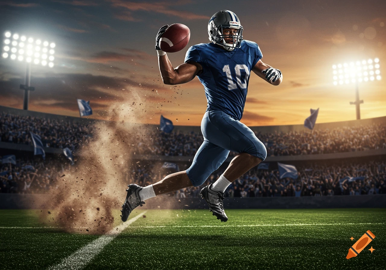 A photorealistic image of a football player in a blue uniform running with the ball on a stadium field during sunset.