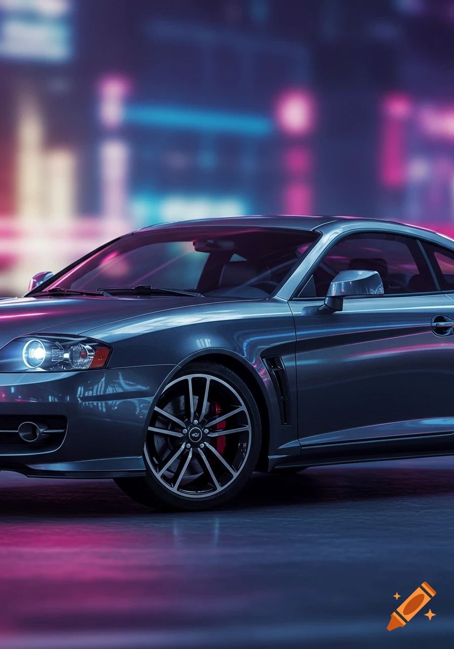 A dark gray Hyundai Tiburon coupe parked at night with blurred pink and blue neon city lights in the background and reflections on the ground.