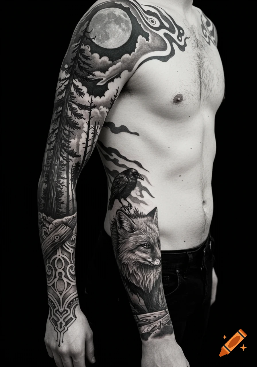 A close-up, black and white image of a person's left arm and torso, adorned with intricate tattoos. The tattoos feature a dense forest with pine trees, a full moon in a cloudy sky on the shoulder, a raven perched on a fox head on the forearm, and abstract, intricate patterns on the wrist and chest. The person's torso is visible against a dark background.