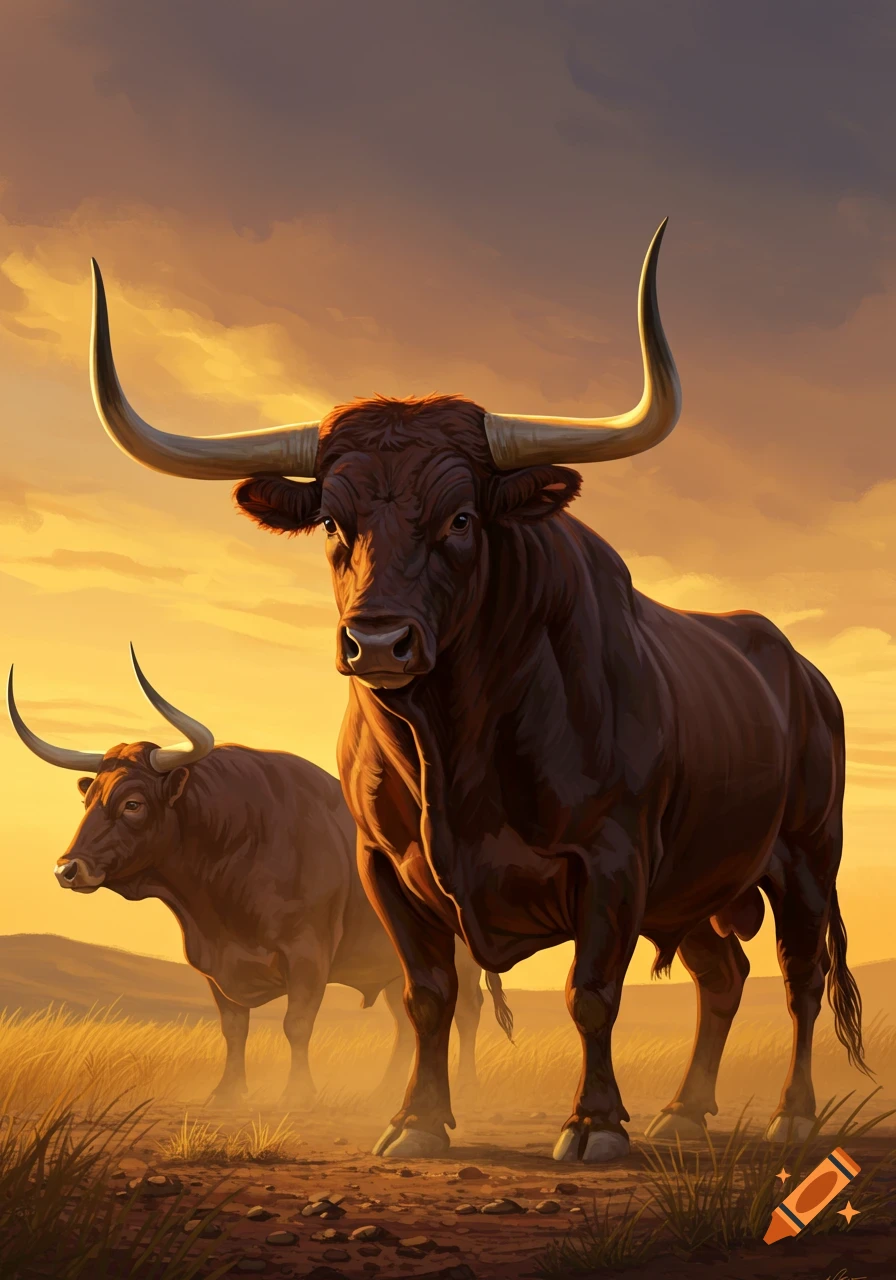Two majestic longhorn bulls stand in a golden field under a dramatic sunset sky in a realistic digital art style.