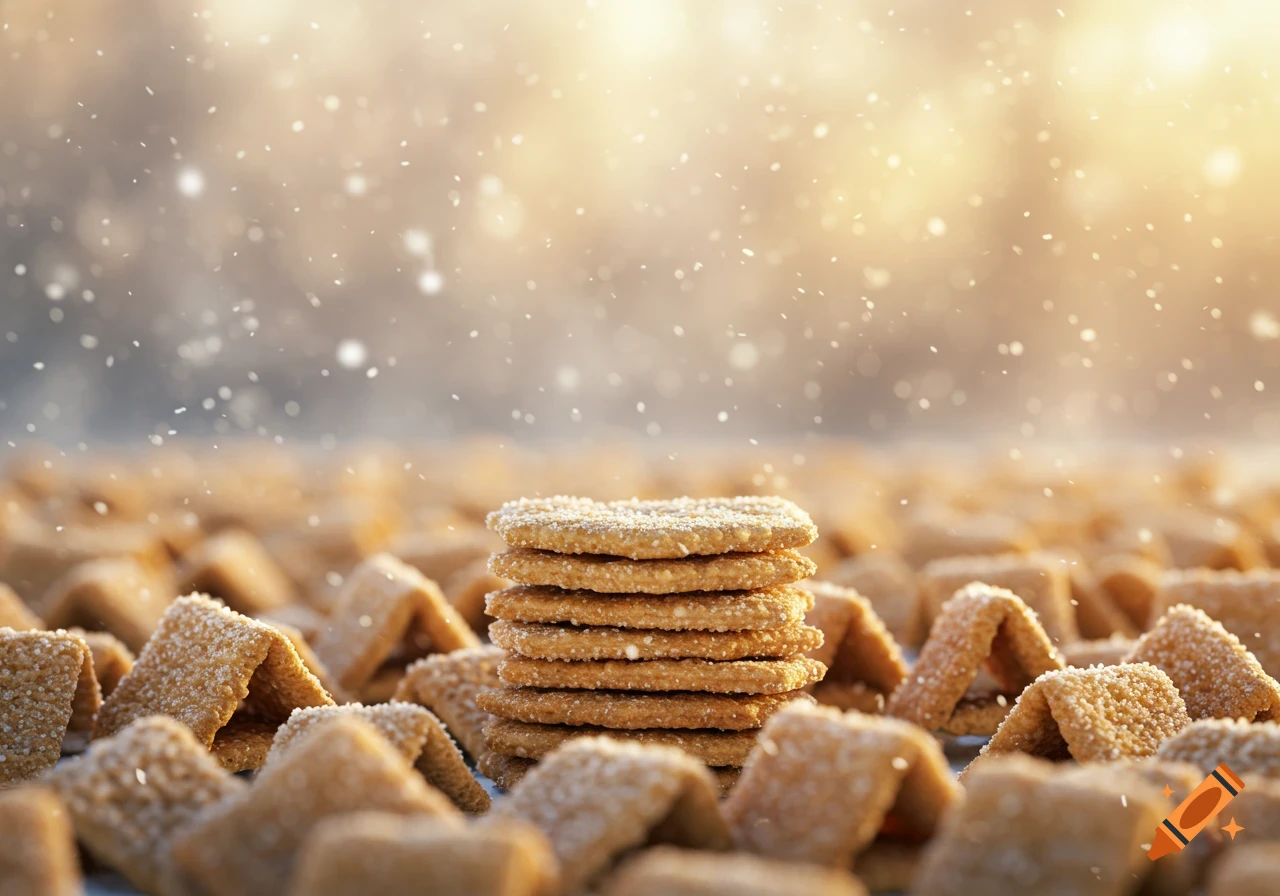 A stack of frosted cookies or crackers surrounded by many scattered pieces, with white flakes falling and a blurred, warm background.