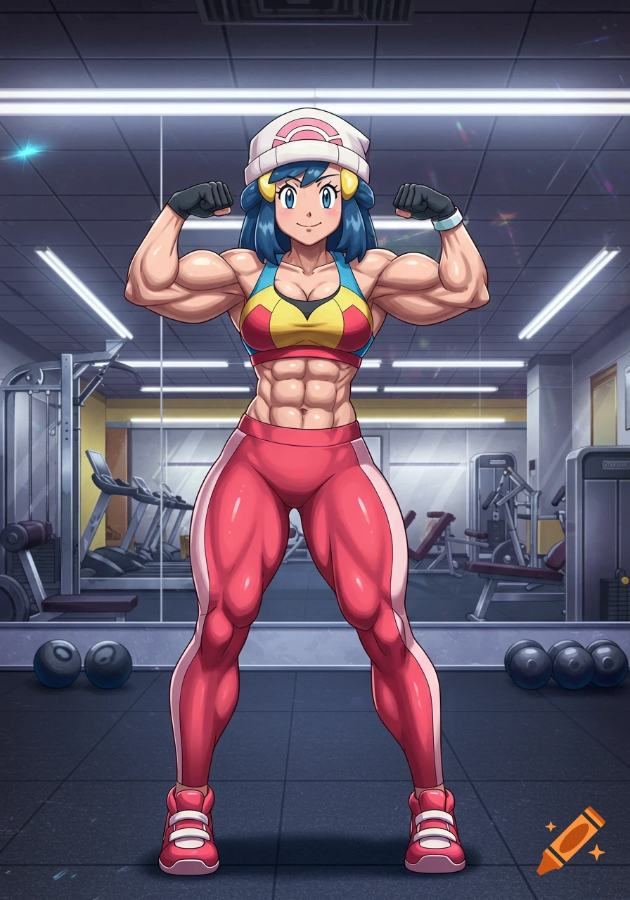 A muscular anime character, Dawn from Pokémon, flexes her biceps in a gym setting.