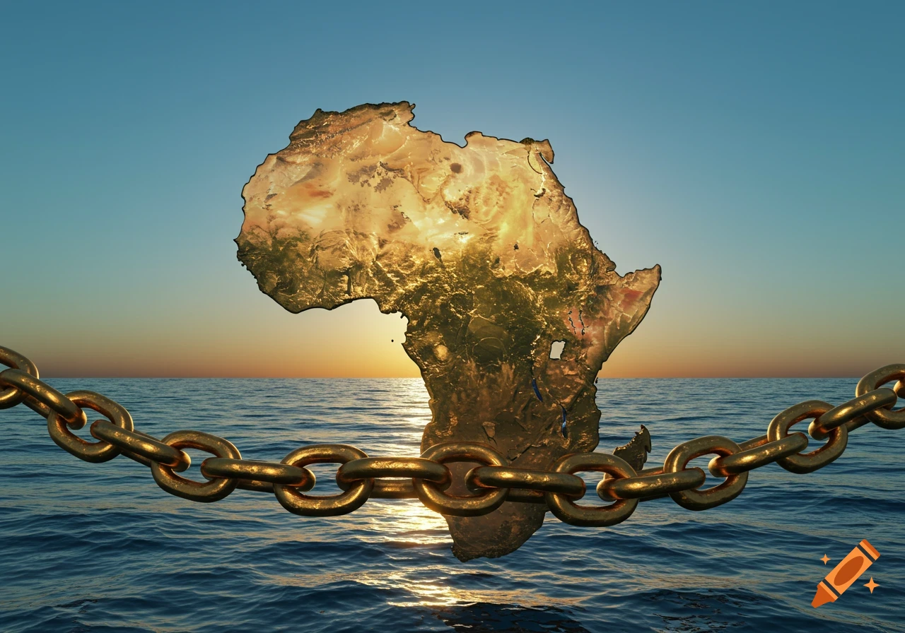 Golden map of Africa floats above an ocean at sunset, with a thick gold chain stretching across the foreground.
