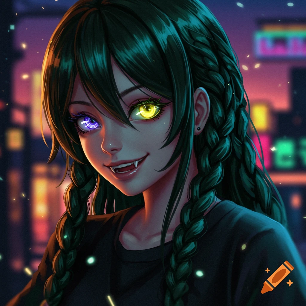 An anime girl with long dark green braided hair and glowing yellow and purple eyes, smiling with fangs, against a neon city background.