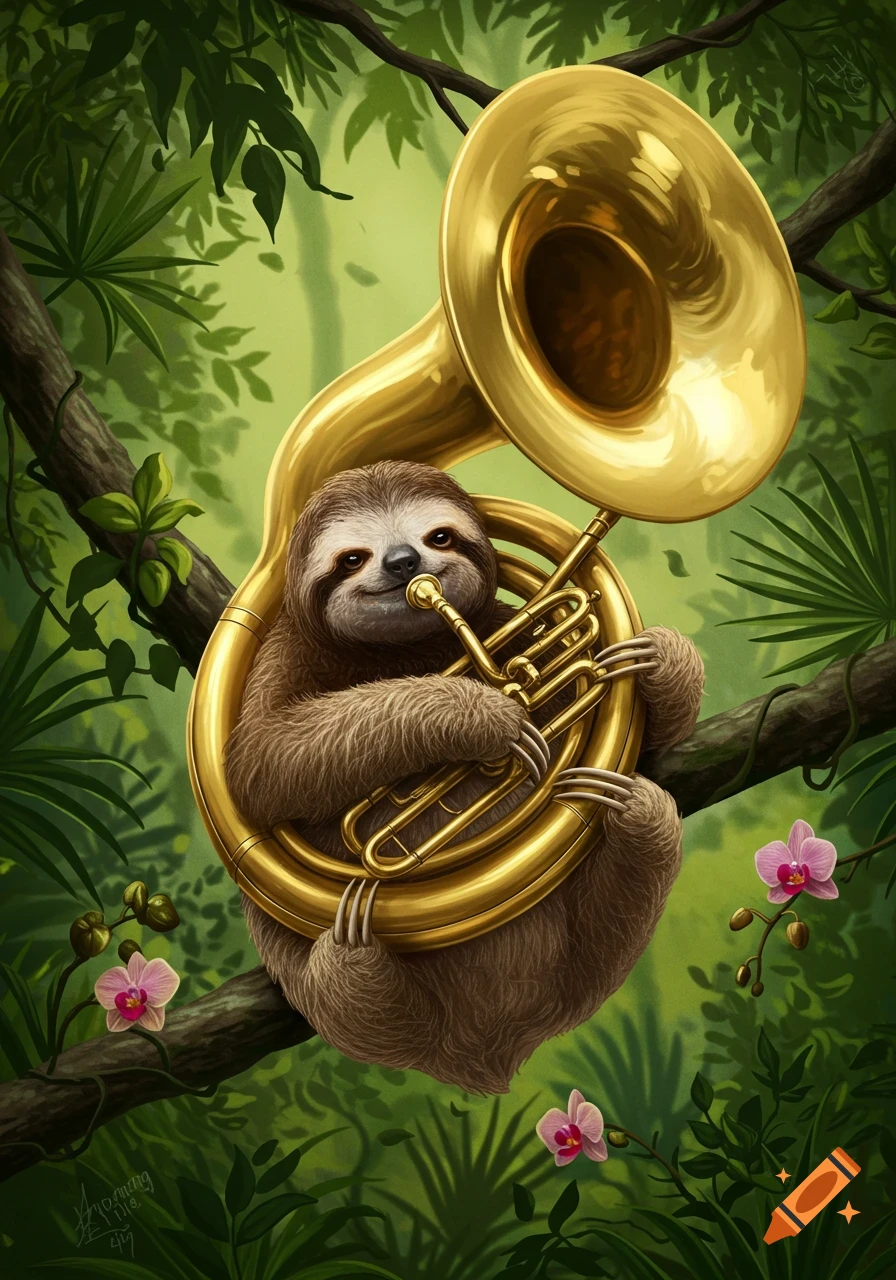 A cute sloth plays a large golden sousaphone while hanging from a tree branch in a lush jungle with pink orchids.