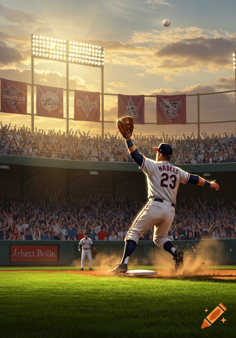 A baseball player, seen from behind, reaches up to catch a ball on a sunny day in a crowded stadium. Photorealistic style.