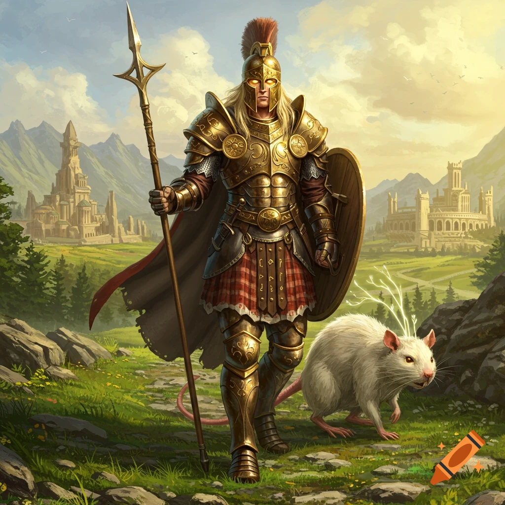A golden-armored knight with a spear and shield stands next to a large white rat with glowing antlers in a vibrant fantasy landscape with castles.
