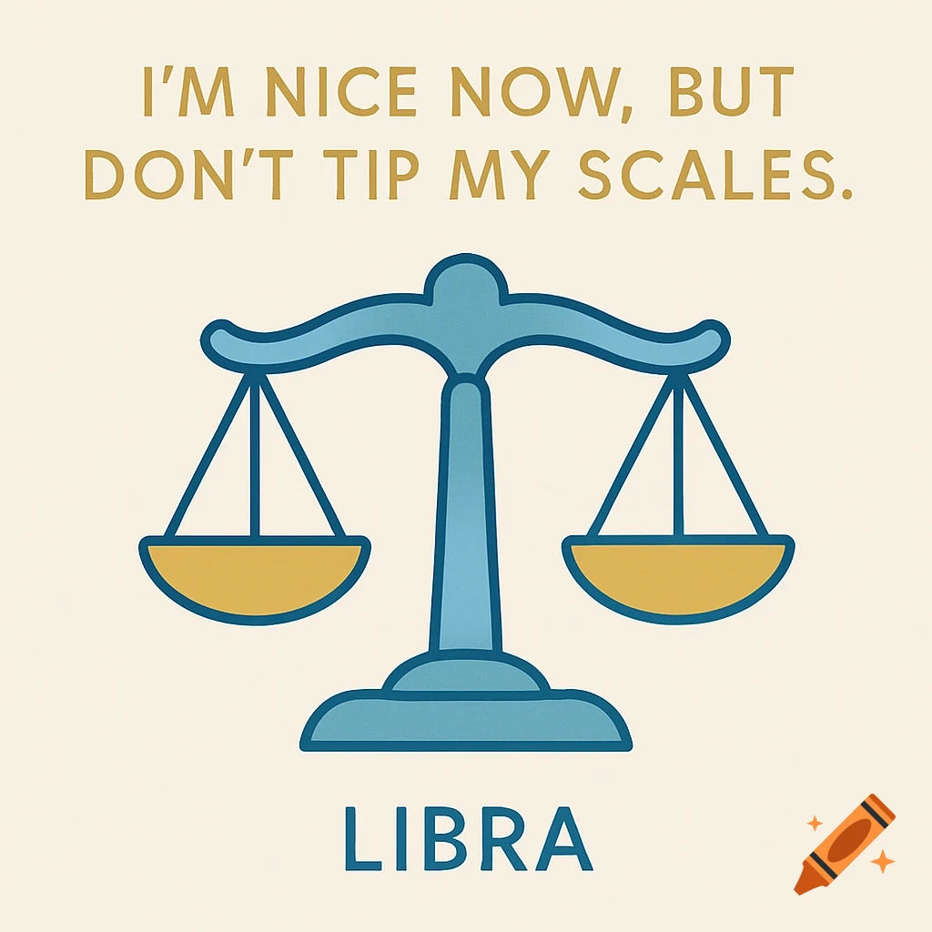 An illustration of the Libra zodiac sign with blue scales and text 'I'M NICE NOW, BUT DON'T TIP MY SCALES.' and 'LIBRA'.