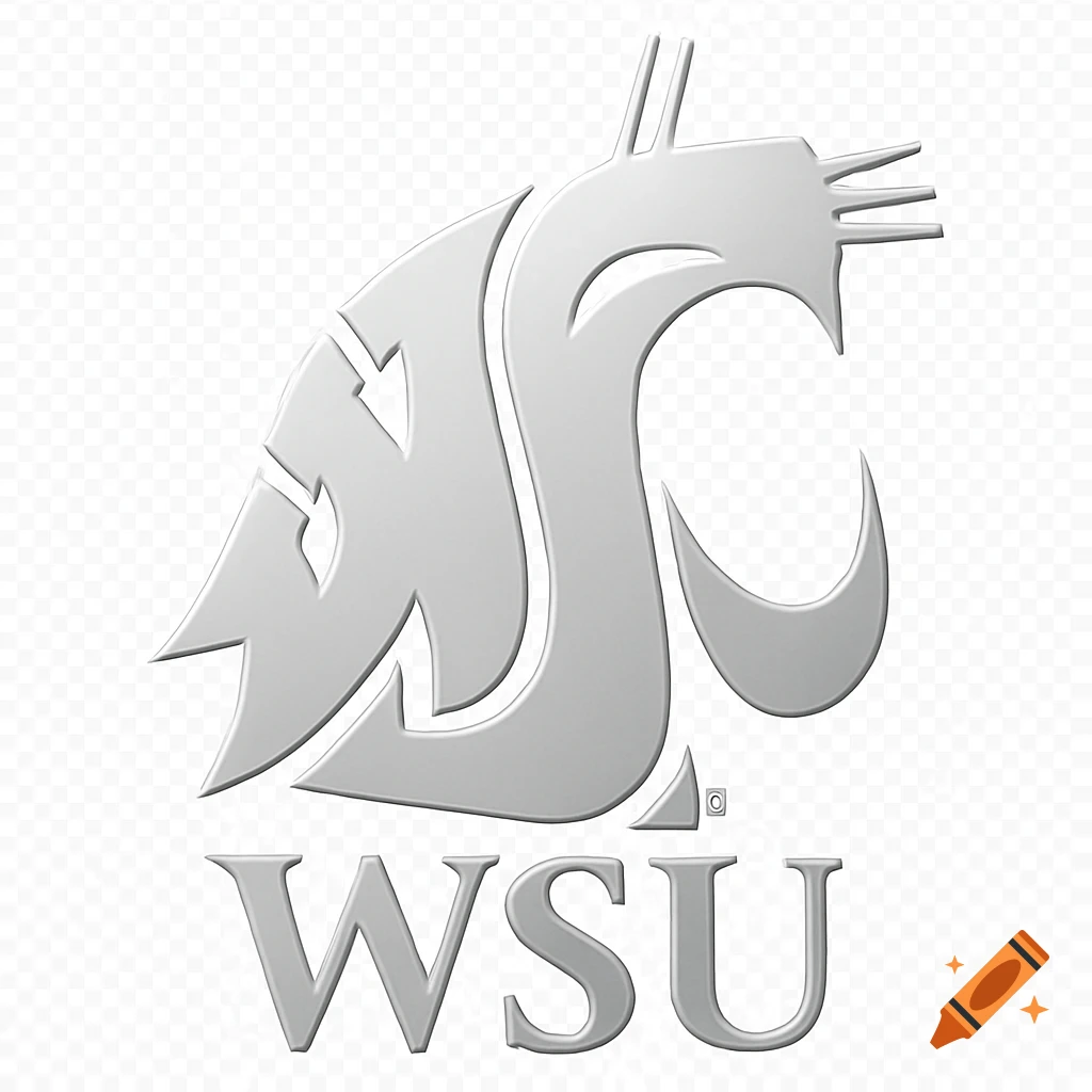 Silver Washington State University (WSU) cougar logo with text below on a transparent background.