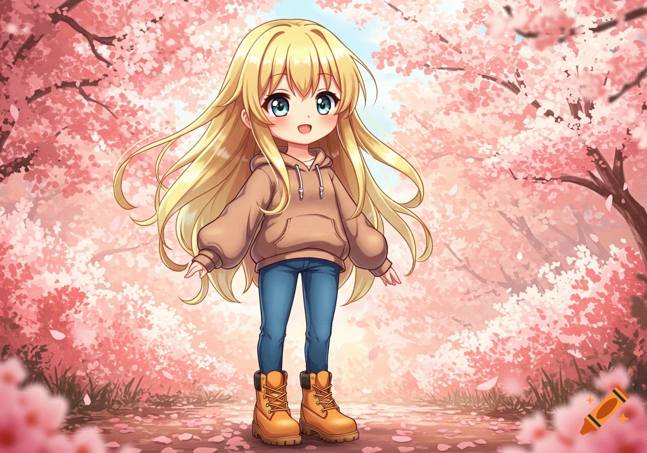 An anime chibi girl with blonde hair, a brown hoodie, blue jeans, and yellow boots stands under pink cherry blossom trees.