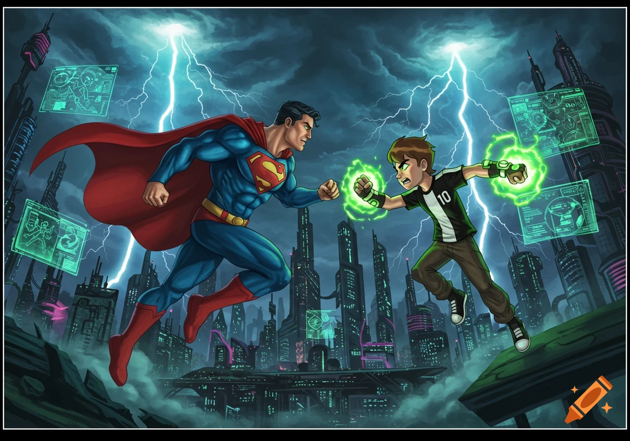 Superman and Ben 10 confront each other in a futuristic cityscape under a stormy, lightning-filled sky, surrounded by glowing green holographic screens.