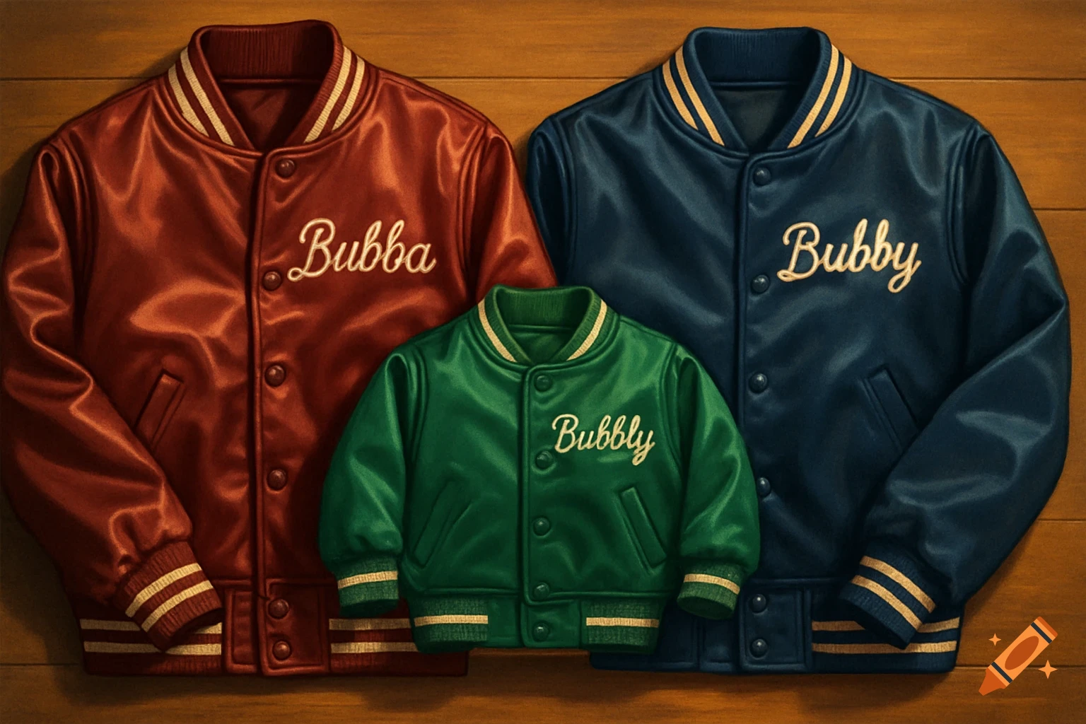 Three satin varsity jackets, red 'Bubba', blue 'Bubby', and green baby 'Bubbly', on a wooden surface.