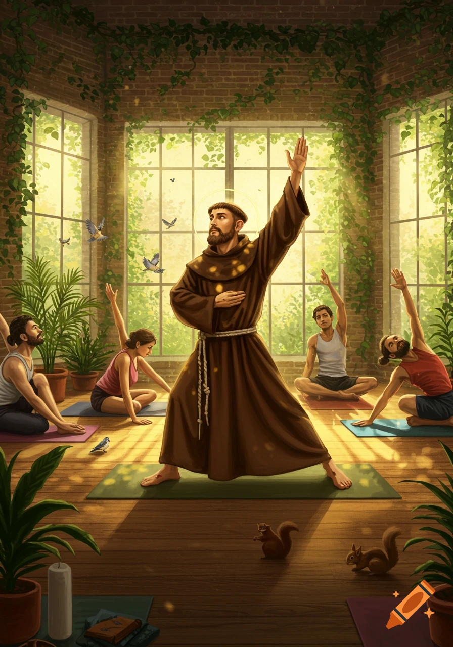 St. Francis of Assisi leads a yoga class in a sunlit room filled with plants, birds, and squirrels.